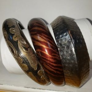 Three Vintage Hammered Metal and Etched Brass Bangle Bracelets